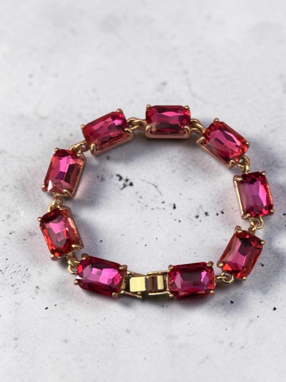 Gold Bracelet with Hot Cranberry Red  Rectangular Crystals